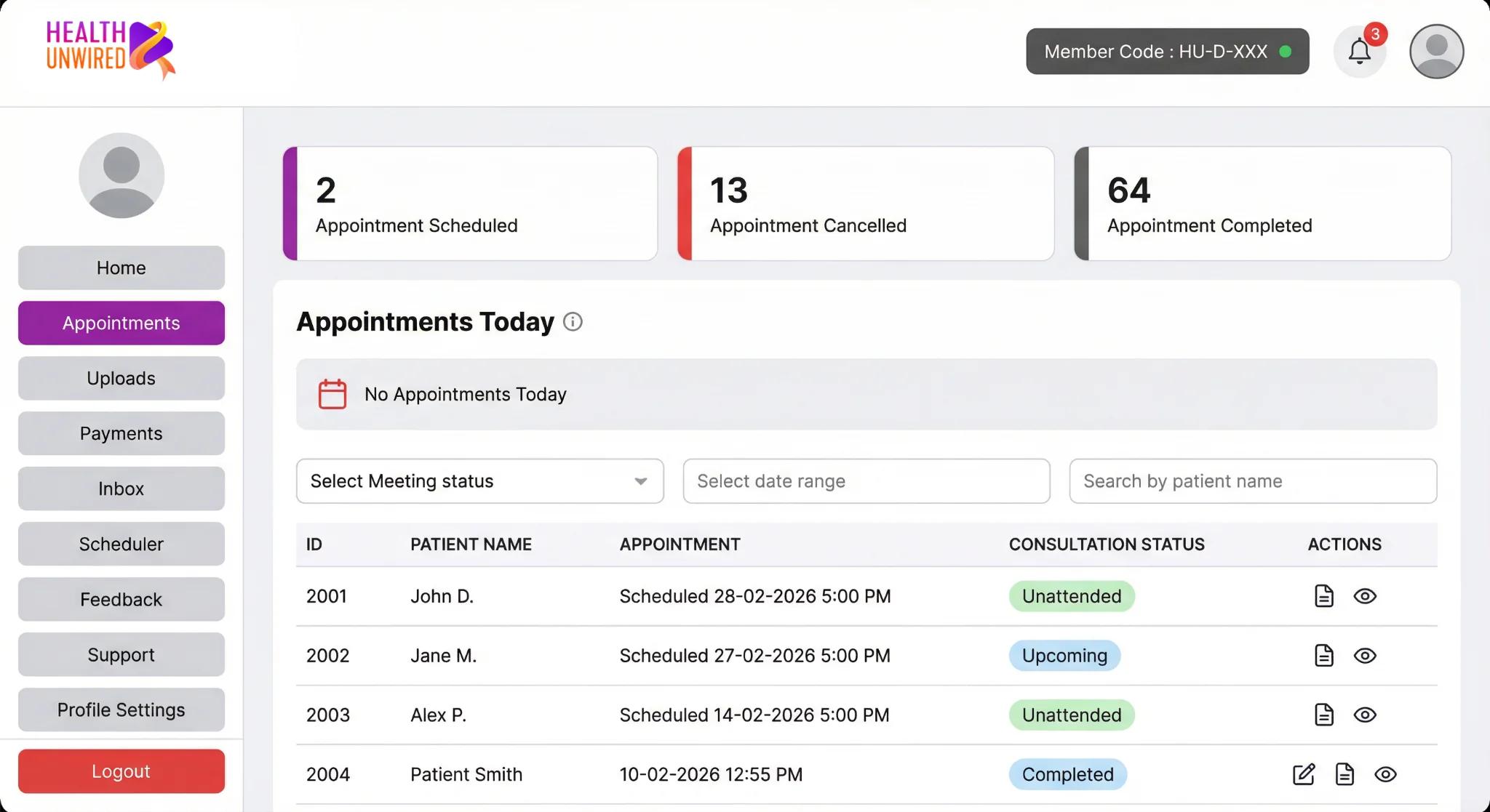 HealthUnwired doctor appointments list - scheduled, completed, cancelled (dummy data)