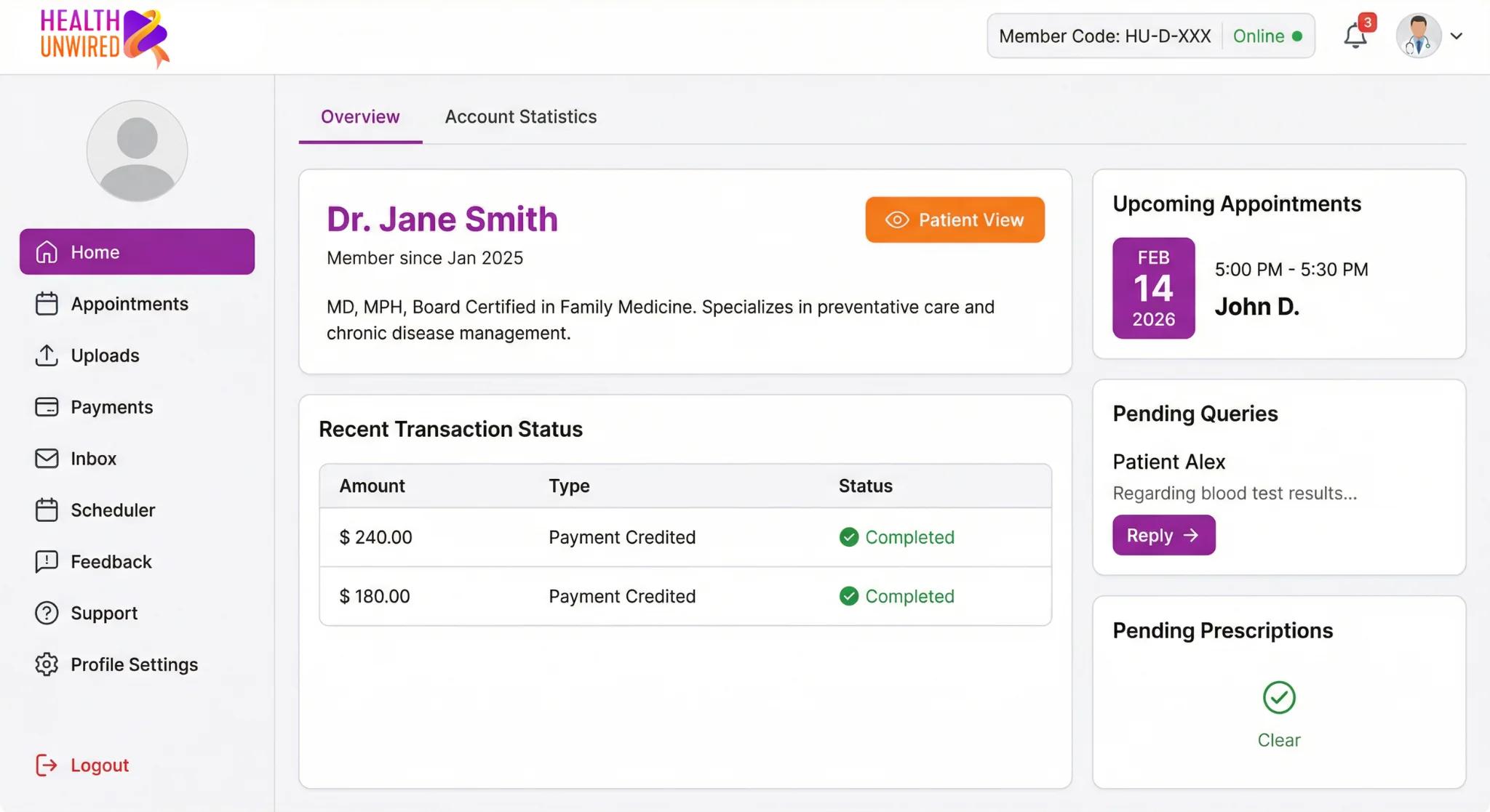 HealthUnwired doctor dashboard - overview, appointments, payments (dummy data)