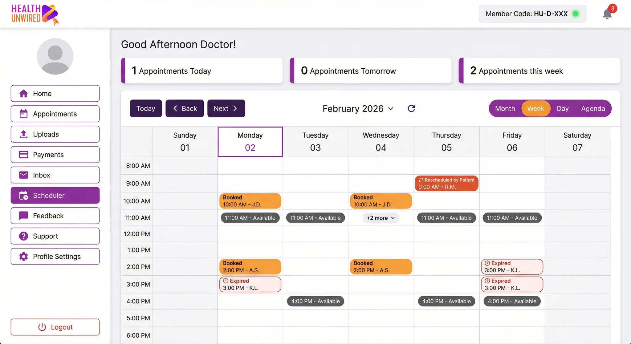 HealthUnwired doctor scheduler - calendar, availability, appointments (dummy data)